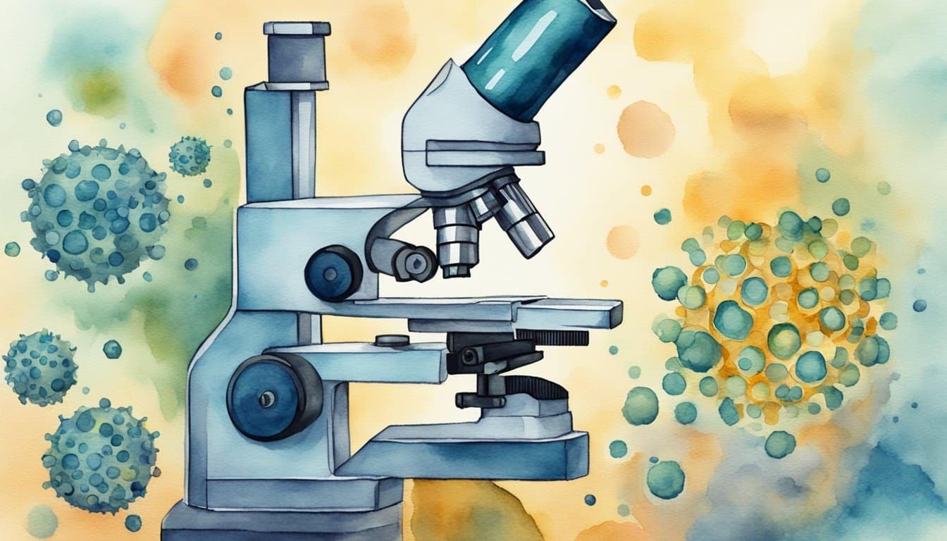 A microscope revealing the virus causing mono, with a barrier symbol representing prevention