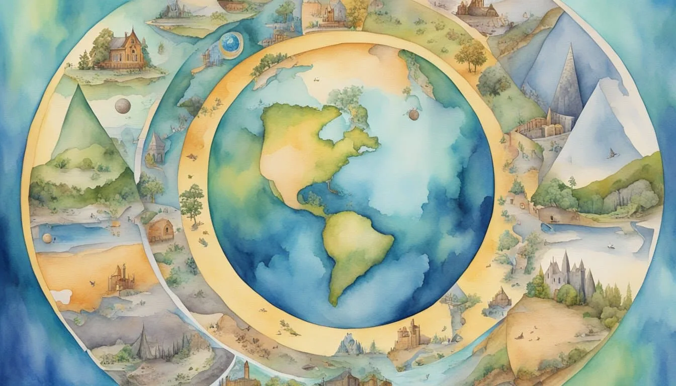 The earth is depicted as round, with a globe surrounded by various images and symbols representing the debunking of flat earth theories