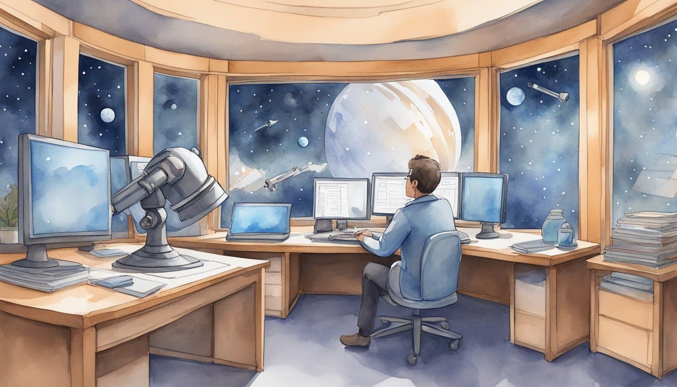 A telescope points towards a starry sky, while a scientist examines data on a computer screen.</p><p>Multiple dimensions are depicted in a diagram on the wall