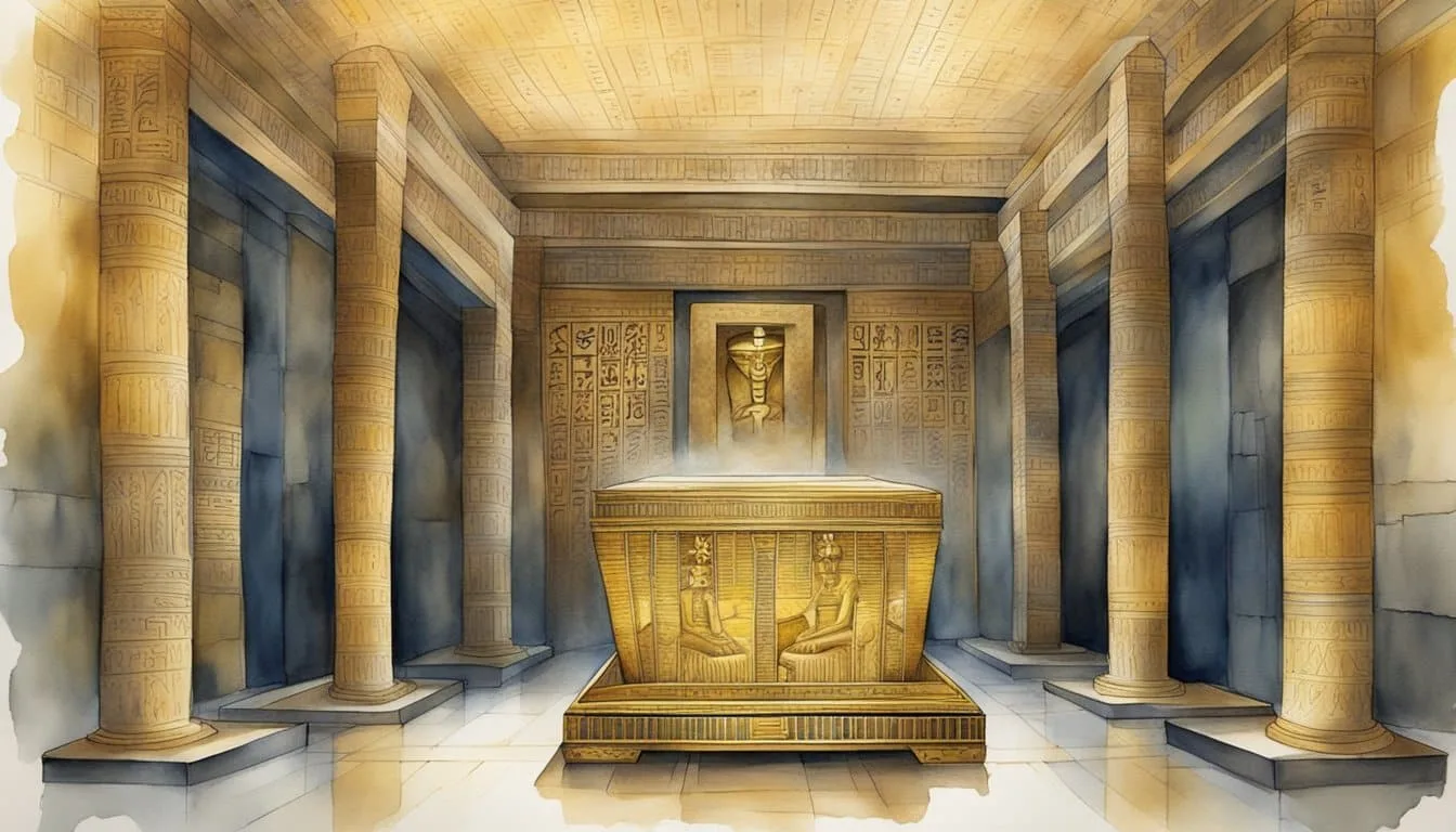 A dimly lit chamber reveals the golden sarcophagus of King Tut, surrounded by intricate hieroglyphics and ancient artifacts