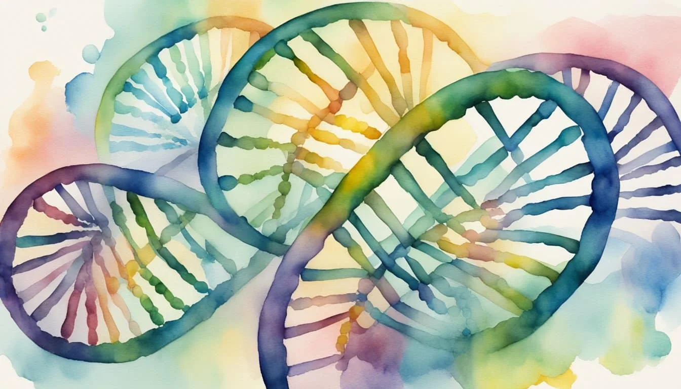 DNA letters are unraveling, showing genetic function and expression. The strands are twisting and forming the iconic double helix structure