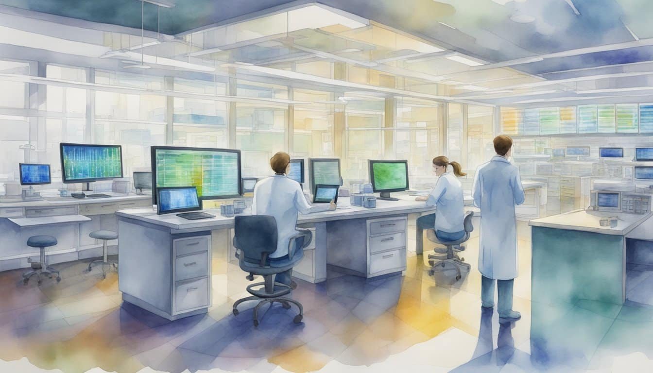 Scientists analyzing DNA sequences in a laboratory setting, with computer screens displaying genetic data and equipment for DNA research and applications