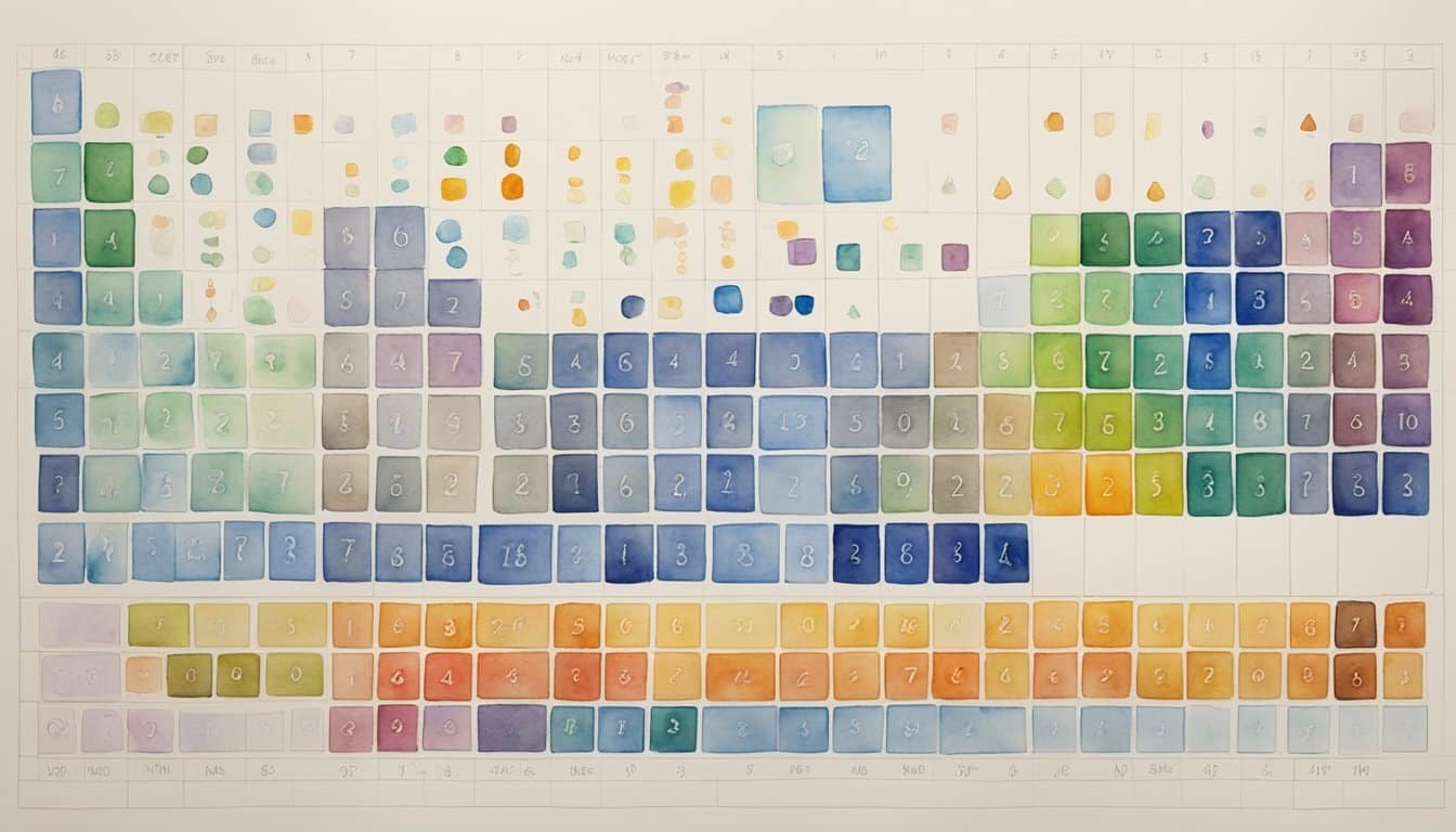 Elements arranged in rows and columns on a table, labeled with atomic numbers and symbols.</p><p>Color-coded to indicate different properties