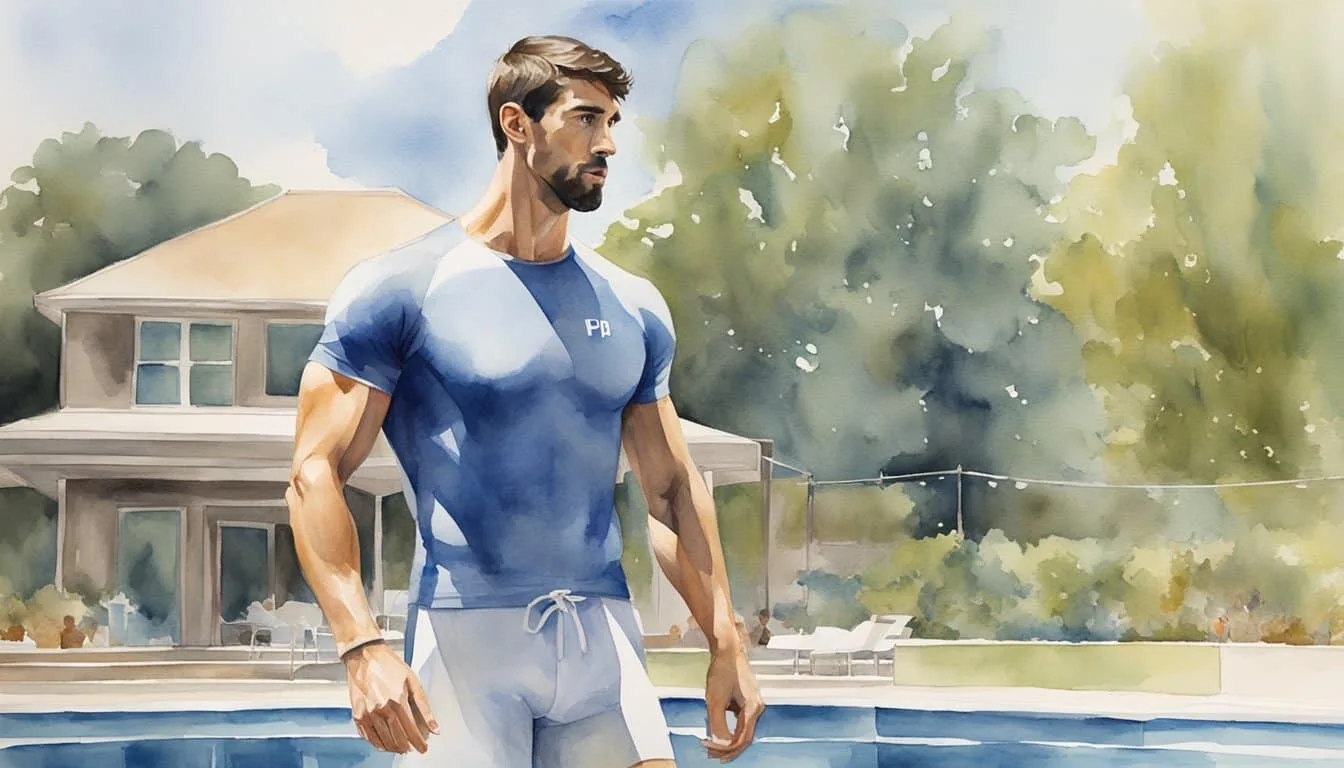 Michael Phelps' chiseled physique glistens in the sun as he stands beyond the pool, muscles defined and powerful