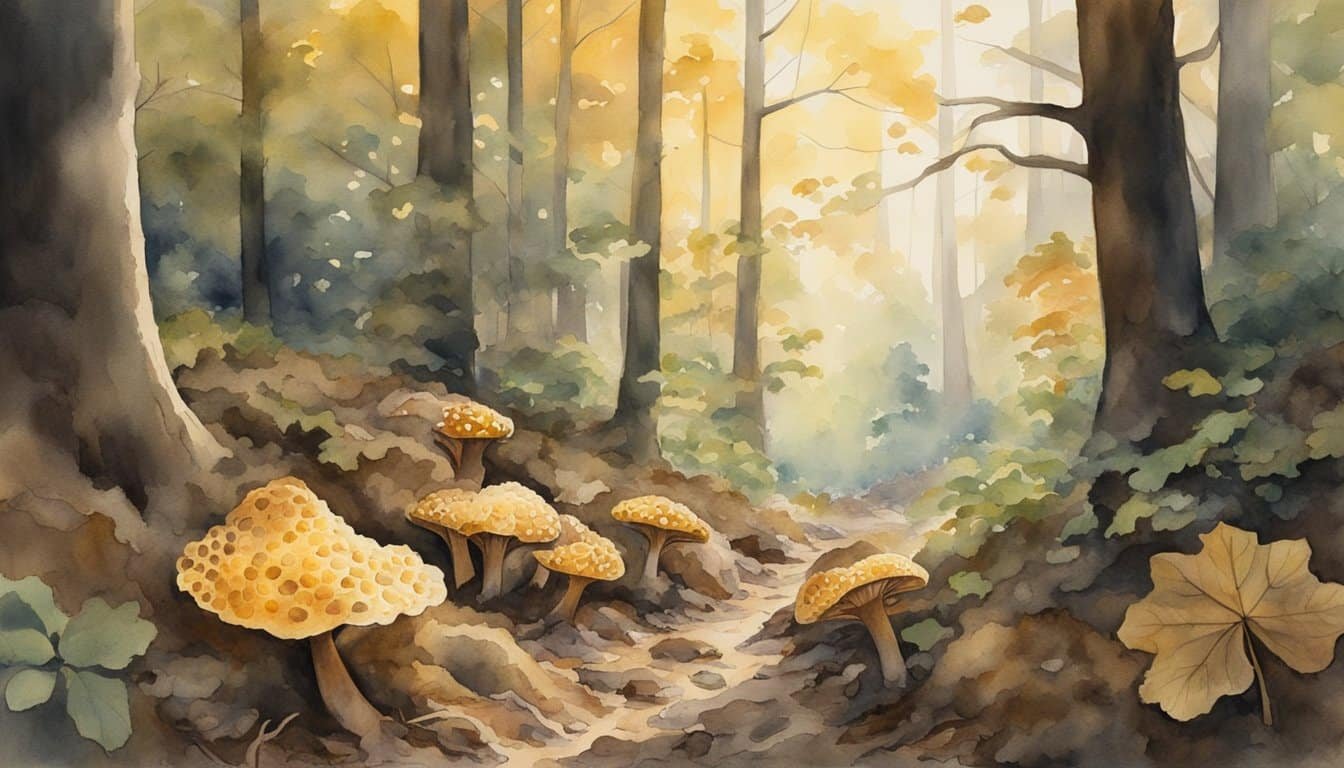 Sunlight filters through the forest canopy, illuminating the damp ground.</p><p>Morel mushrooms peek out from beneath fallen leaves and twigs, their distinctive honeycomb caps standing out against the earthy backdrop