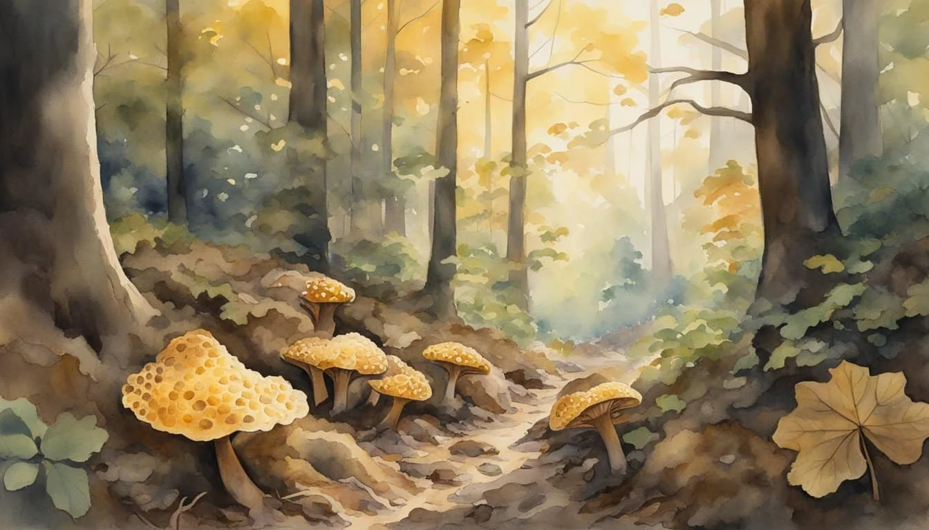 Sunlight filters through the forest canopy, illuminating the damp ground. Morel mushrooms peek out from beneath fallen leaves and twigs, their distinctive honeycomb caps standing out against the earthy backdrop