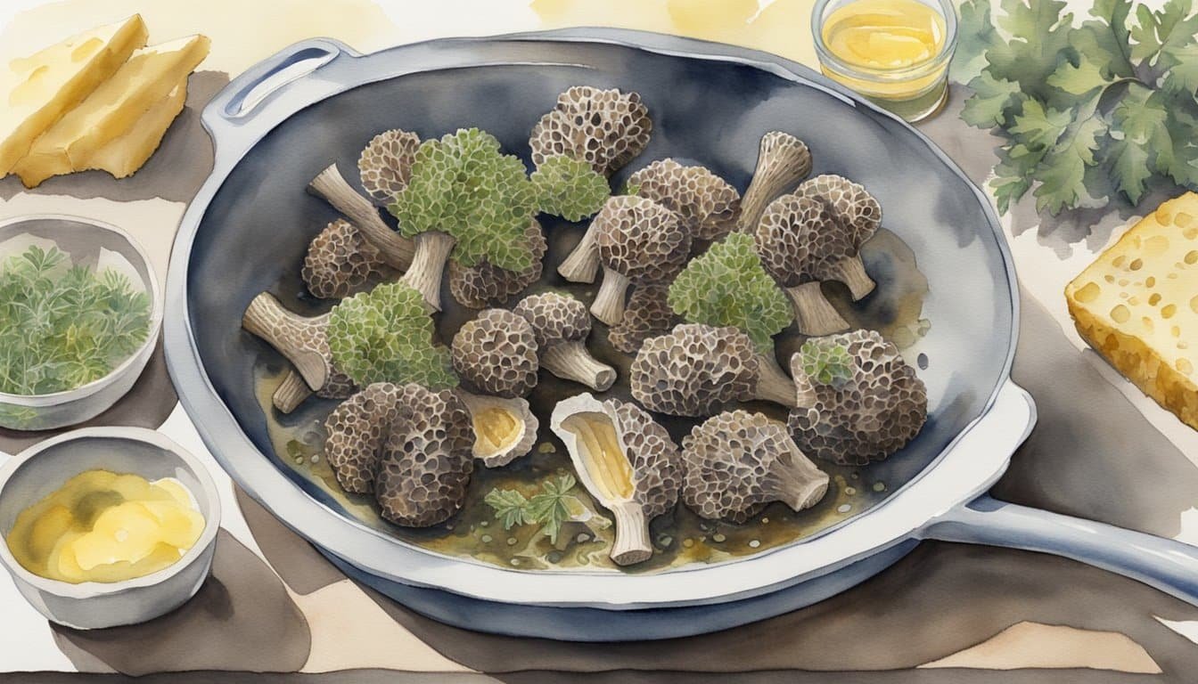 Morels being rinsed, sliced, and sautéed in a pan with butter and herbs