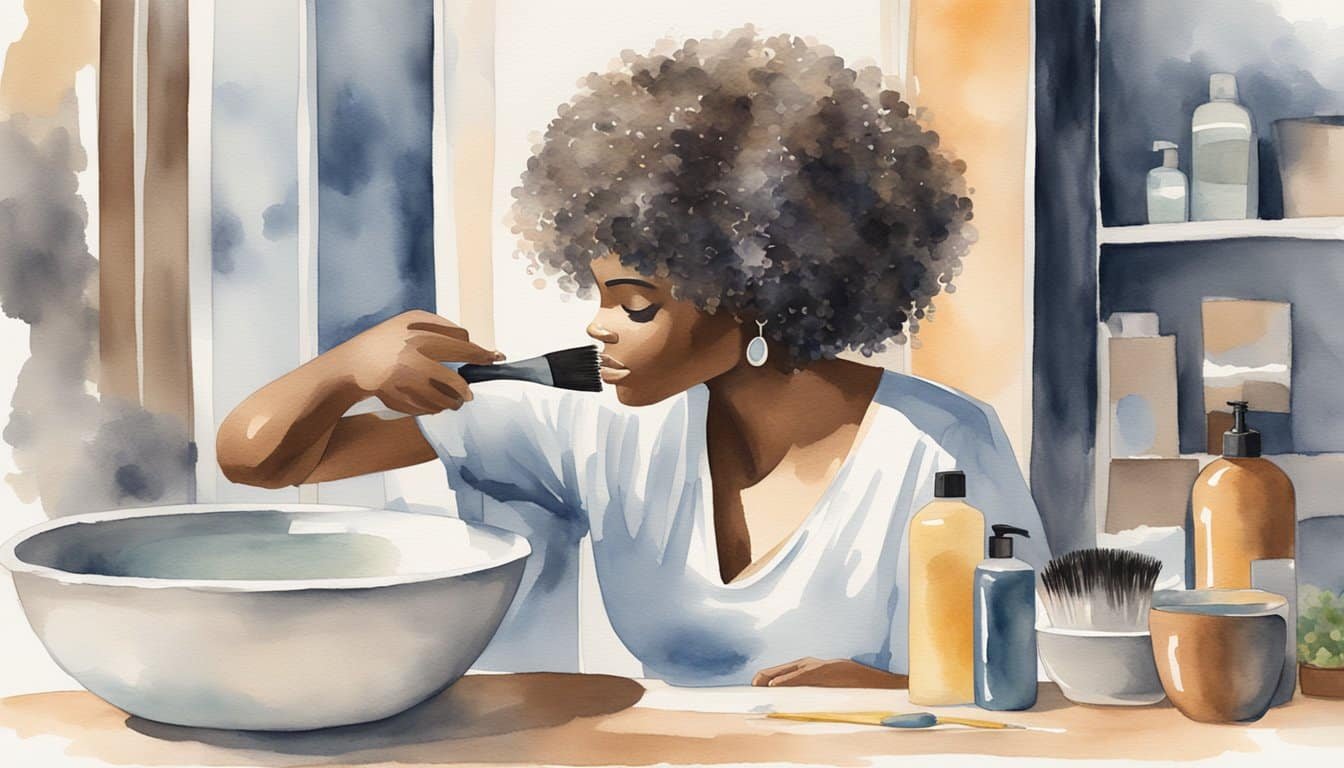 A hand pouring natural hair relaxer into a bowl, mixing with a brush, and applying to a mannequin head with textured hair