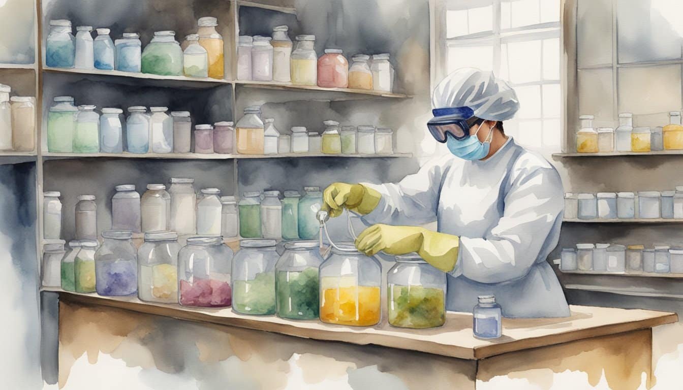 A person mixing natural ingredients in a well-ventilated area, wearing protective gloves and goggles, with clear labeling and proper storage of chemicals