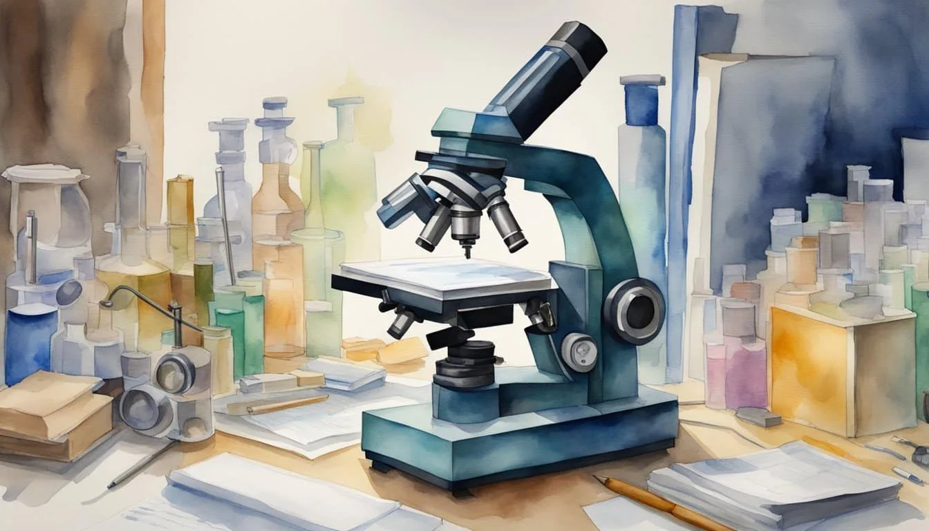 A microscope focused on a newly discovered organ, surrounded by research papers and scientific equipment