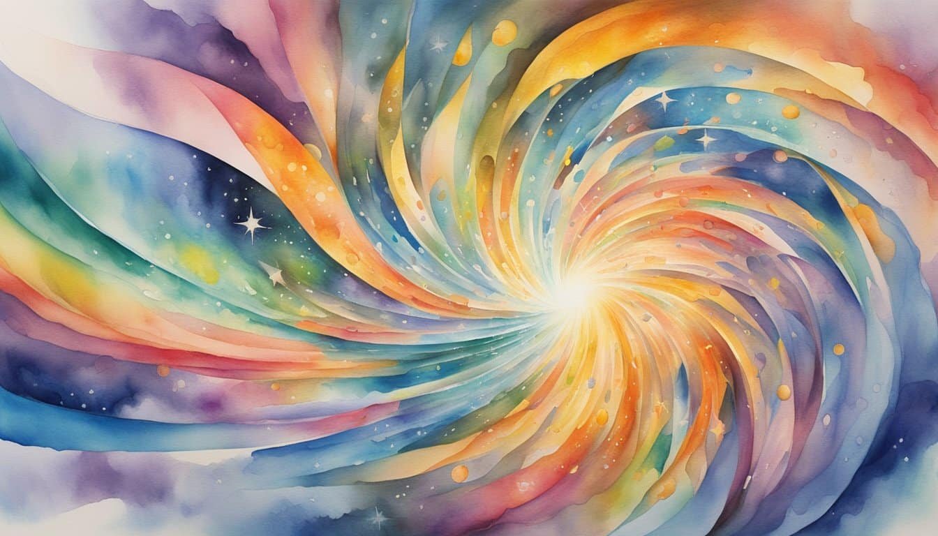 A swirling vortex of colorful energy, representing the cutting-edge theories of modern physics, emanates from a central point, surrounded by mathematical equations and abstract symbols