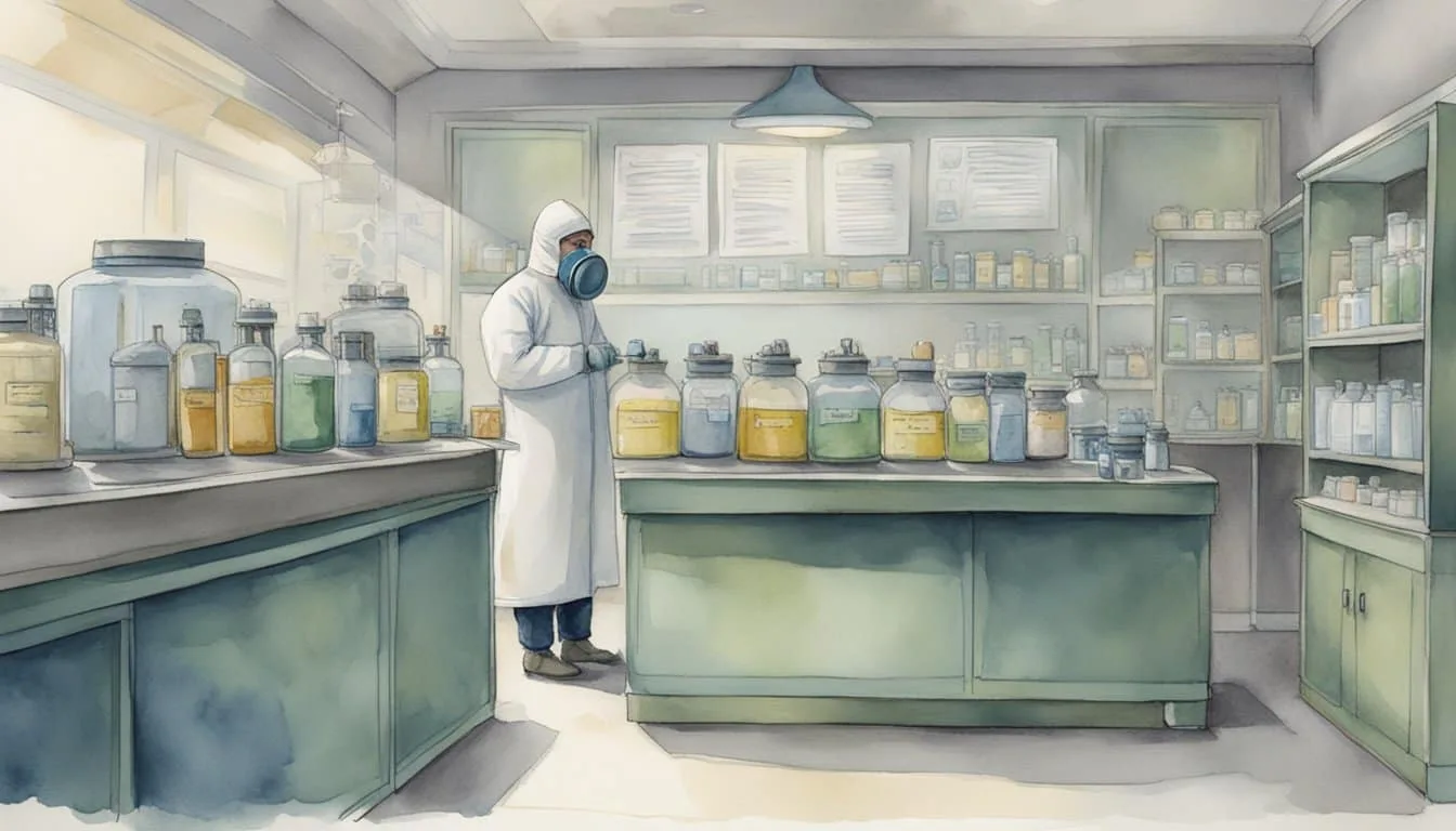 A person in a laboratory setting, wearing protective gear, standing next to a tank labeled "Nitrogen." Legal and ethical documents displayed on the wall
