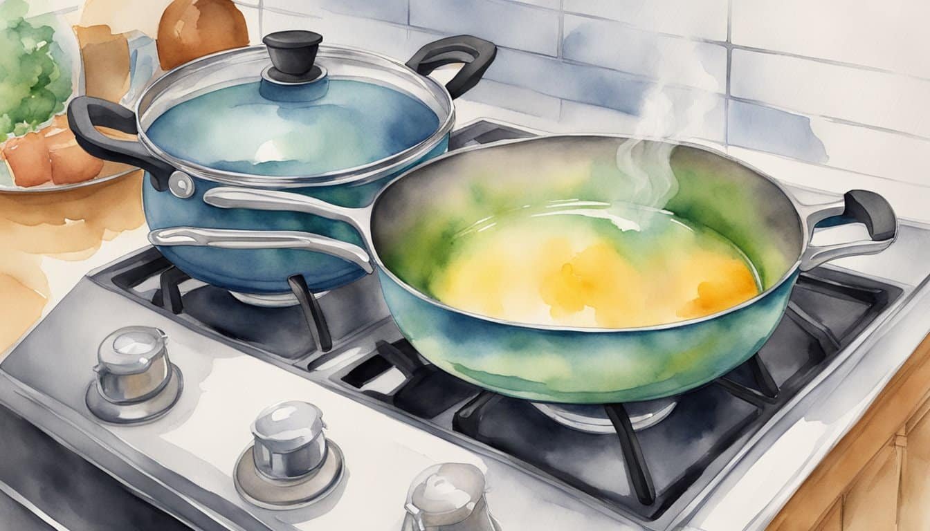 A nonstick cookware with a smooth, shiny coating, sitting on a stovetop with steam rising from it