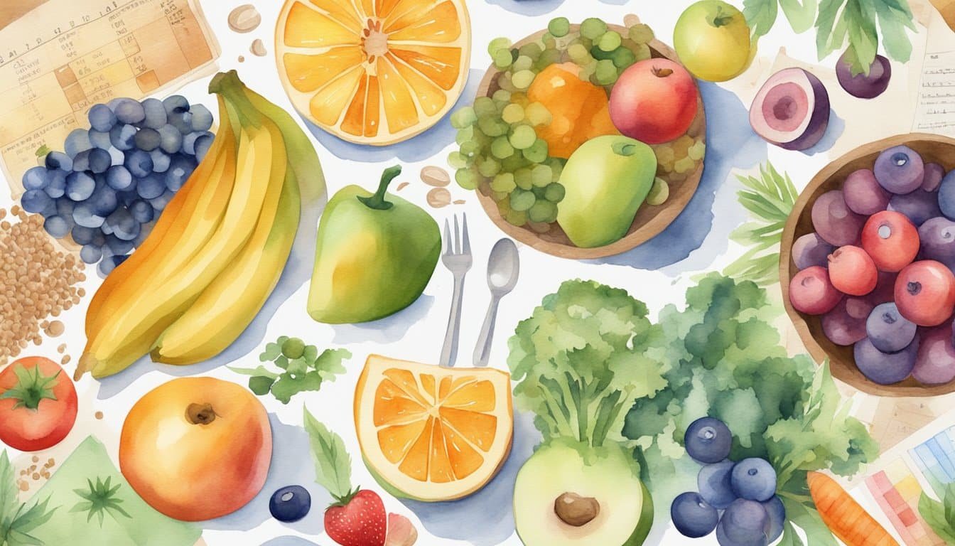 A table filled with colorful fruits, vegetables, and whole grains, surrounded by scientific papers and health outcome charts