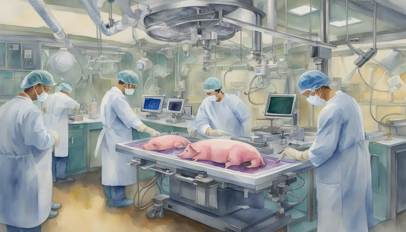 A surgeon carefully places a pig heart into a specialized chamber, surrounded by advanced medical equipment and monitors. Scientists observe the procedure, documenting the groundbreaking transplant