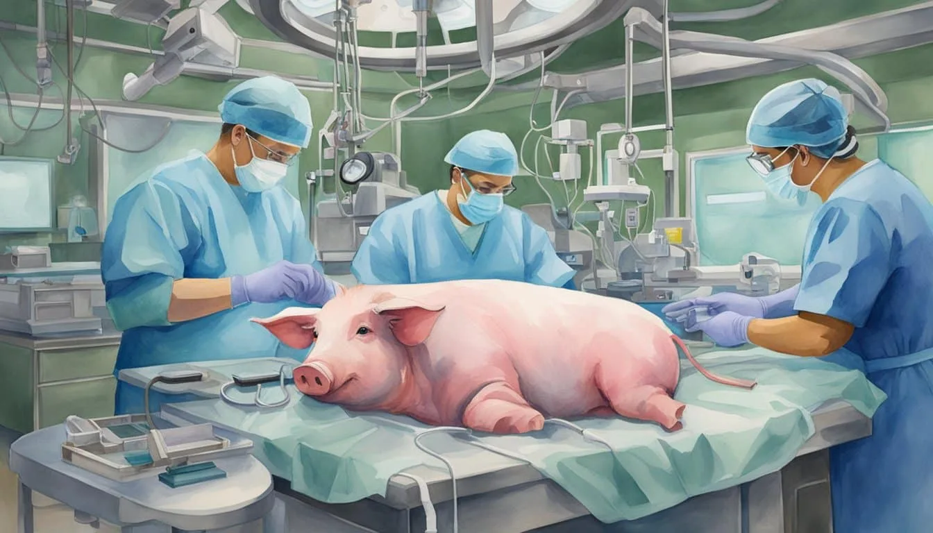 A pig heart is being transplanted into another pig's chest by a team of surgeons in a sterile operating room. The room is filled with medical equipment and the atmosphere is tense as everyone focuses on the delicate procedure