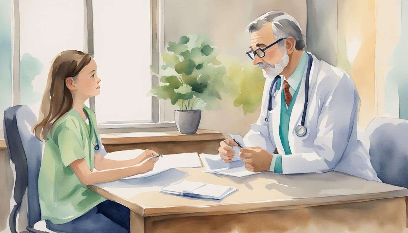 A doctor discussing puberty blockers with a concerned parent in a hospital office