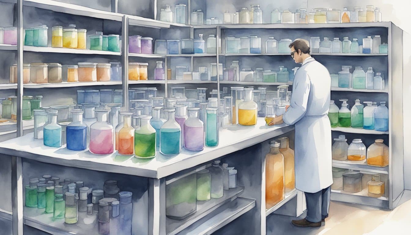 A research chemical vendor displays products in a sleek, modern laboratory setting, with shelves of neatly organized containers and scientific equipment in the background