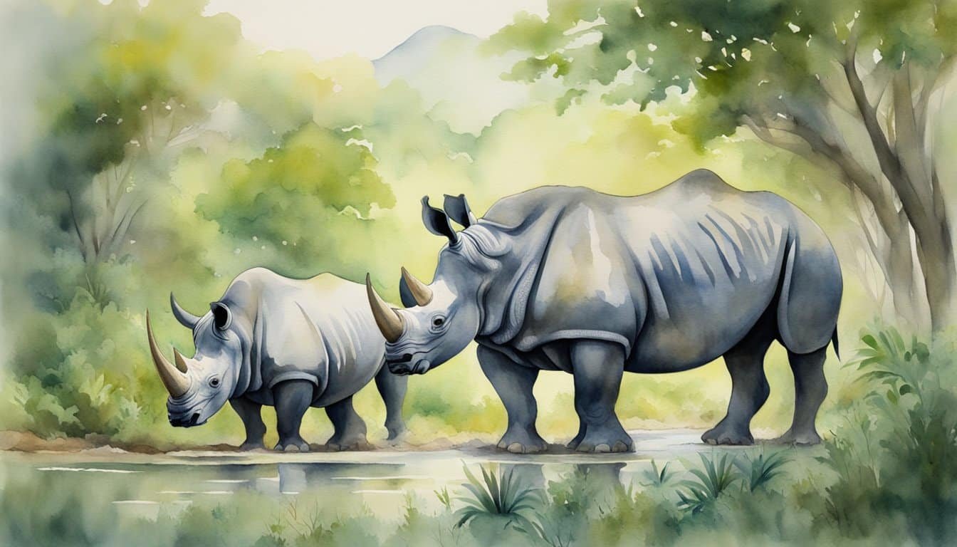 Rhinos roam freely without their horns, standing tall and majestic in their natural habitat, surrounded by lush greenery and under the watchful eye of conservation efforts