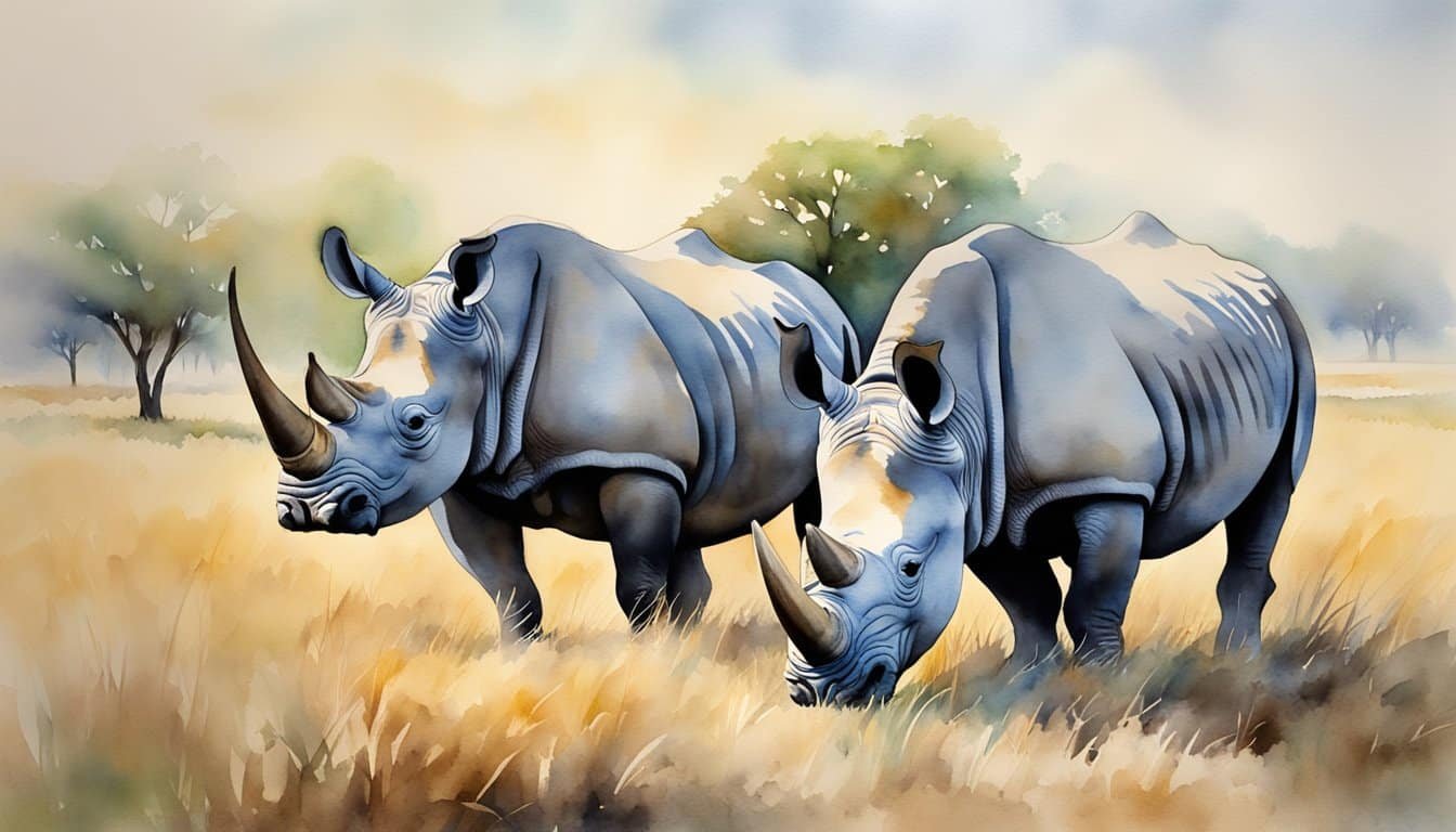 Rhinos without horns graze peacefully in the savanna, adapting to their new appearance with resilience and grace