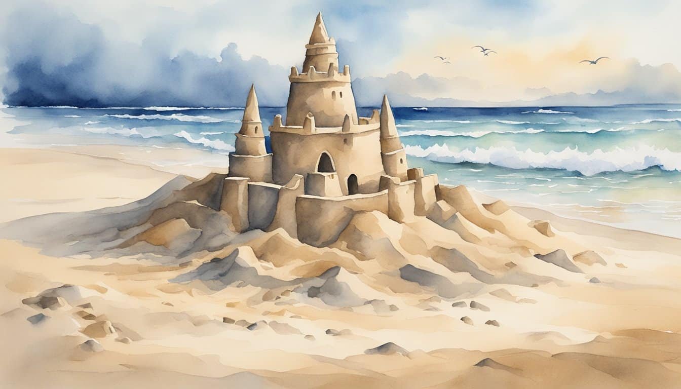 A sandcastle stands tall on a beach, surrounded by footprints and the sound of crashing waves