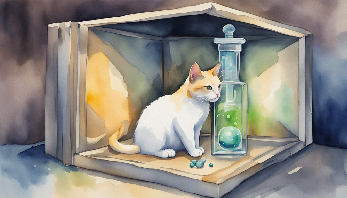 A cat sits in a closed box with a vial of poison.</p><p>It is both alive and dead until observed.</p><p>Symbols of quantum superposition surround the box