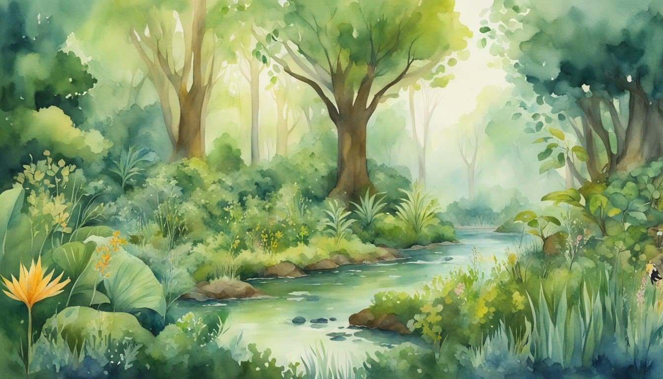 A lush forest with diverse plant and animal life, showing interconnected food webs and nutrient cycles.</p><p>Various ecosystems, such as wetlands and grasslands, are also depicted