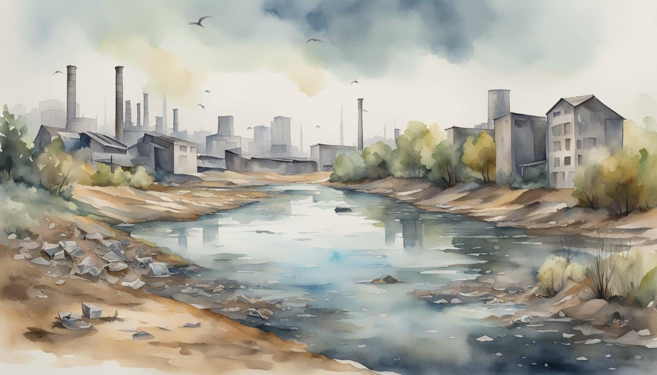 A polluted river with dead fish and trash on the banks, surrounded by deforested land and industrial buildings