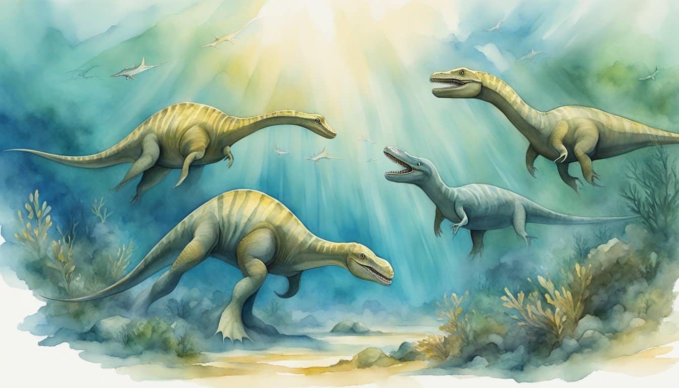 Sea dinosaurs swim gracefully through prehistoric waters, their long necks and powerful tails propelling them forward.</p><p>The ancient creatures move in a synchronized dance, illustrating the origins and evolution of these magnificent marine reptiles