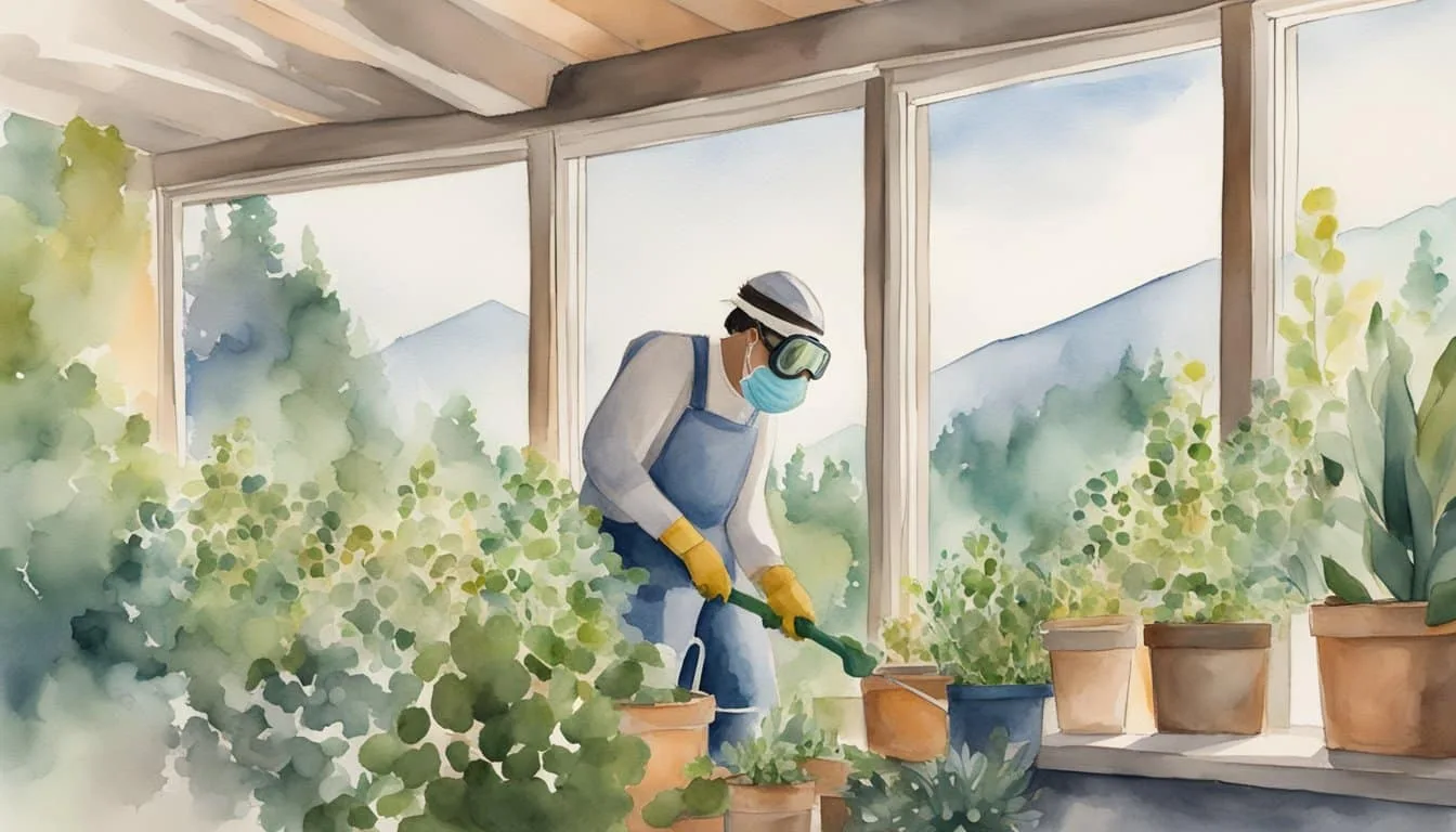 A person wearing a face mask and goggles while watering plants and closing windows to protect against wildfire smoke in Seattle