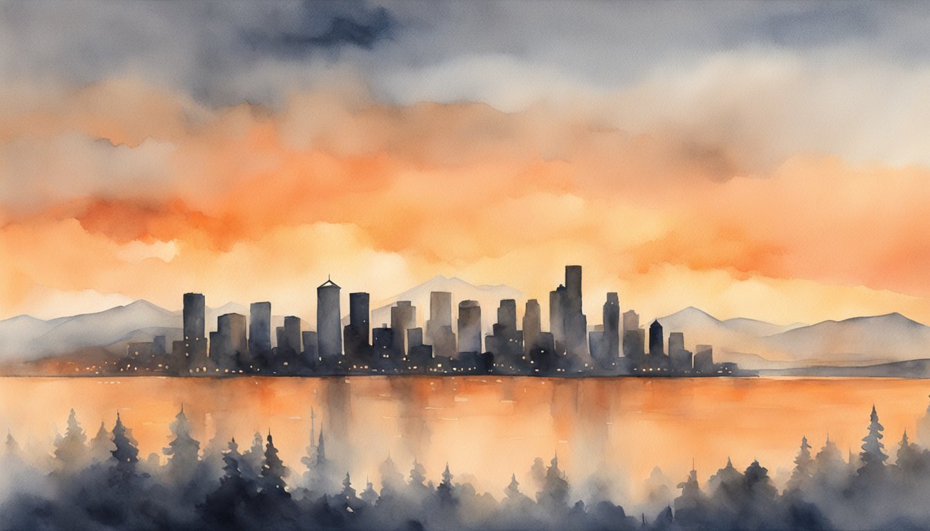 The thick smoke from the Seattle wildfire blankets the city, obscuring the skyline and creating an eerie orange glow in the sky