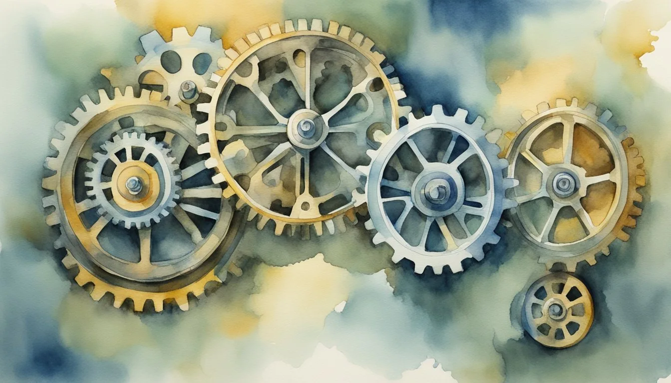 Gears and pulleys interlock, transferring motion. Models align, spreading influence