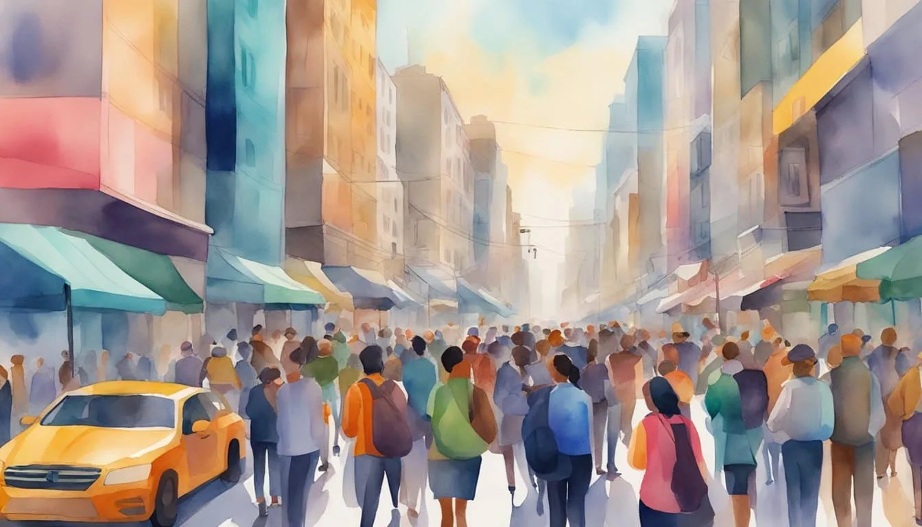 A crowded city street with people closely packed together, all staring at their smartphones. Vibrant colors and digital screens create a sense of connectivity and influence
