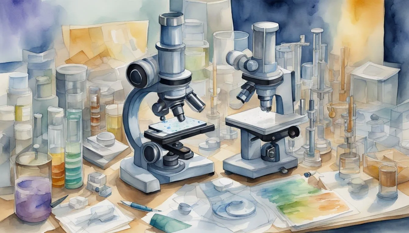 A microscope reveals the intricate structure of the spike protein, surrounded by scientific equipment and research papers