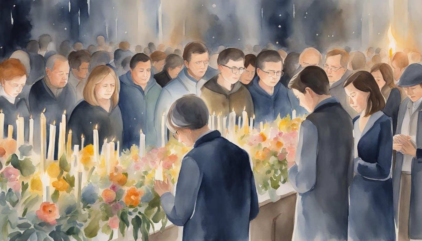 People gather, heads bowed, flowers laid, candles lit, in remembrance of Stephen Hawking's passing.</p><p>Tears shed, hands clasped, a somber atmosphere fills the air