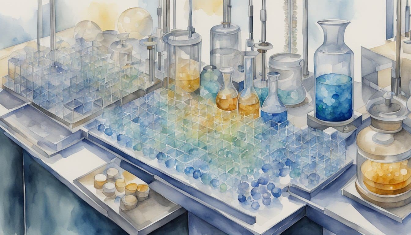 A lab setup with oscillating atoms forming a repeating pattern, representing time crystals.</p><p>Various equipment measures and analyzes the properties of the crystals