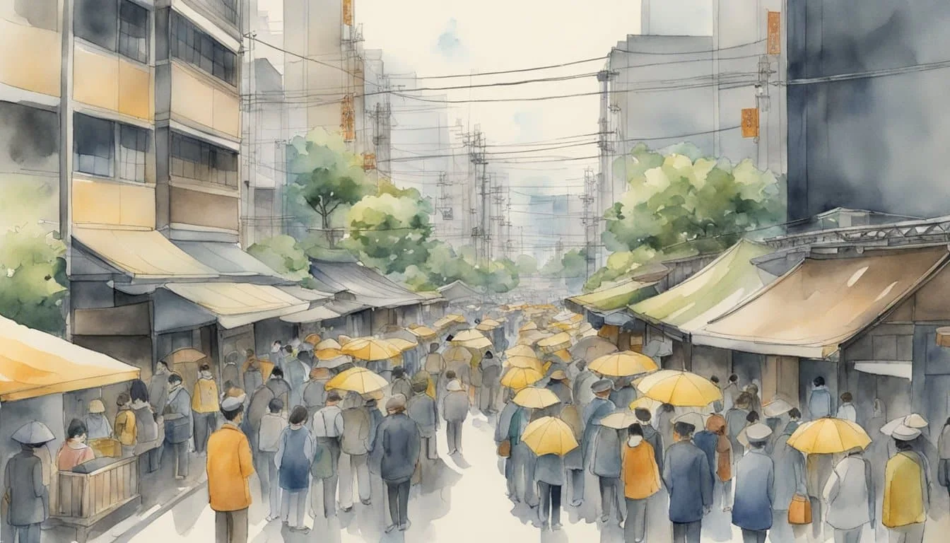 People gather in Tokyo, as government officials implement earthquake safety measures. Buildings are reinforced, evacuation drills are conducted, and emergency response teams are on standby