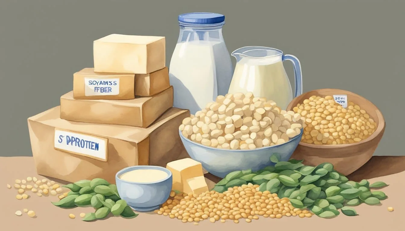 A pile of soybeans, tofu, and soy milk surrounded by nutrition labels showing high levels of protein, fiber, and vitamins