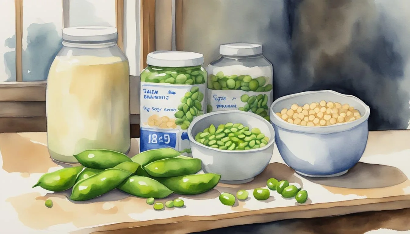 A table with various soy products: tofu, soy milk, edamame. A caution sign next to a pile of soybeans