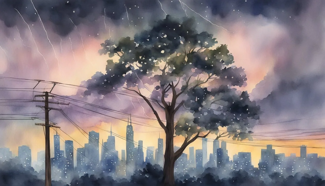 Bolts of lightning strike a towering tree as power lines hum with electricity, illuminating a city skyline