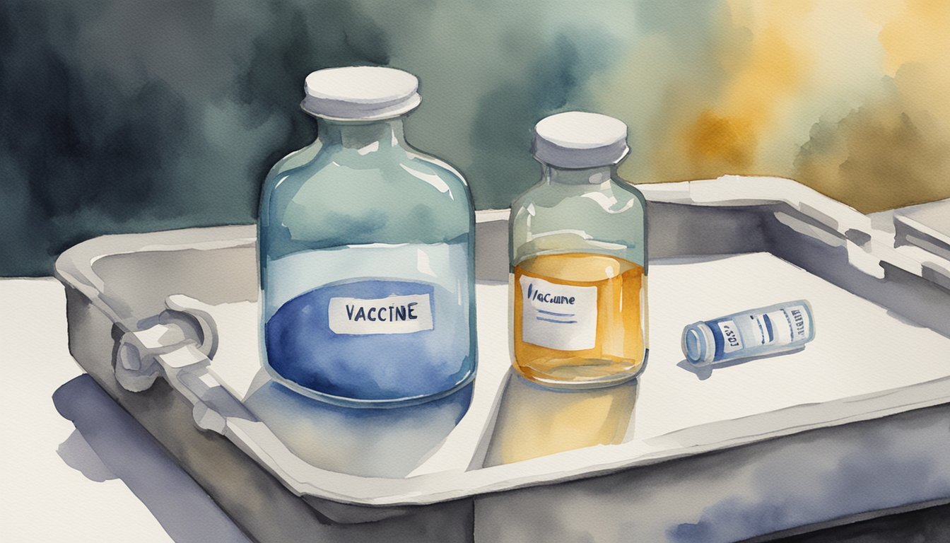 A vial labeled "Vaccine" sits on a sterile medical tray.</p><p>A shadowy figure looms in the background, symbolizing potential adverse events