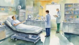 Watercolor illustration of a hospital room with patients and doctors.