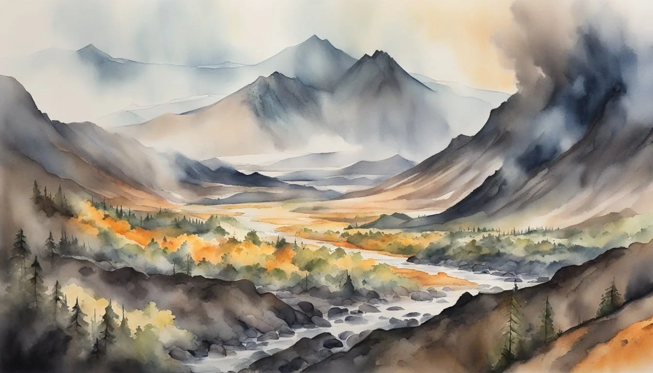 Lava flows from California volcanoes, creating rugged landscapes with steep slopes and jagged peaks. Smoke and ash billow from the active craters, while nearby forests and wildlife struggle to survive