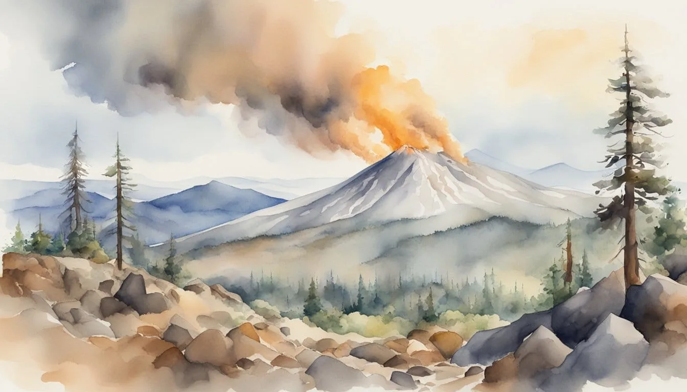 Scientists monitor California volcanoes, using instruments to measure seismic activity and gas emissions. The landscape includes rocky terrain and a steaming volcano