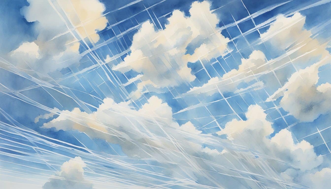 A clear blue sky with jet planes leaving long white trails behind them, crisscrossing the sky in a grid pattern