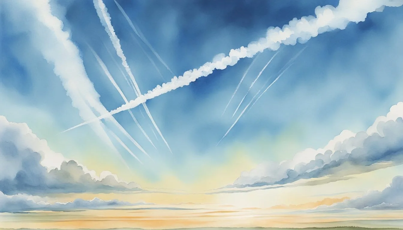 A clear blue sky with white streaks of chemtrails spreading across the horizon, causing concern for environmental and health implications