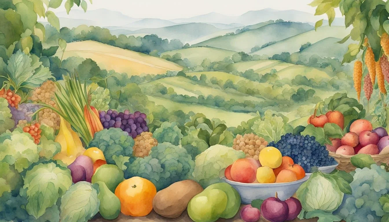 A lush, vibrant landscape with a variety of fruits, vegetables, nuts, and grains growing abundantly in their natural state. The scene is teeming with life and diversity, showcasing the natural foods that modern humans are meant to eat