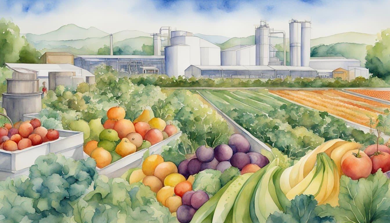 A bountiful garden with fresh fruits, vegetables, and grains, alongside a bustling food processing facility, symbolizing the natural diet of humans