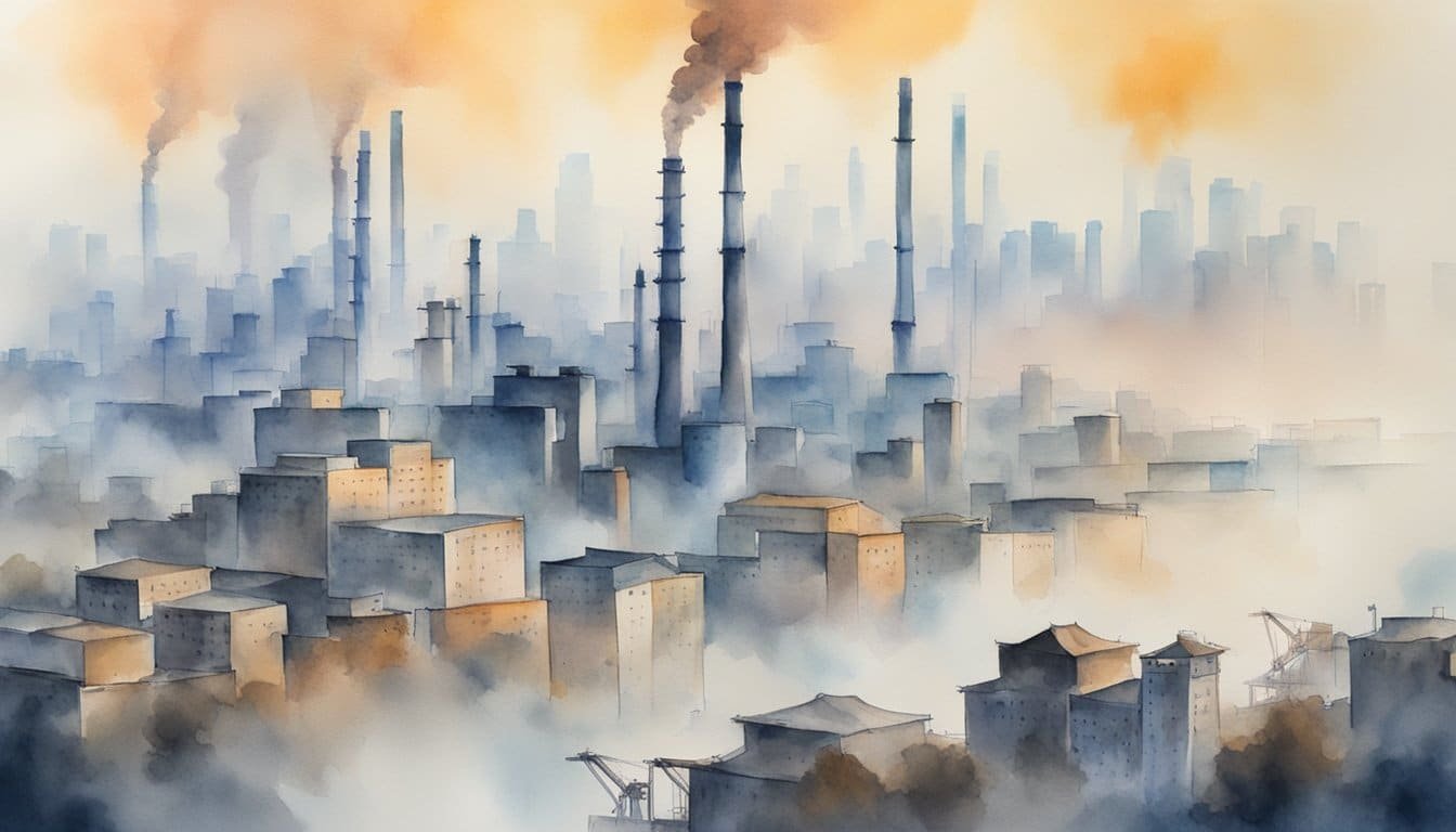 A smog-filled city skyline with industrial smokestacks emitting pollution.</p><p>China has the worst air quality