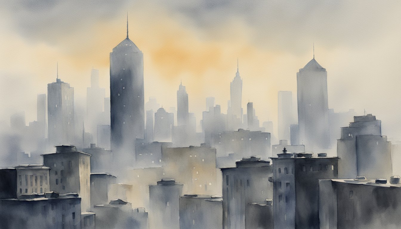 A thick layer of smog hovers over the city skyline, obscuring the buildings and casting a dull, grey hue over the entire scene